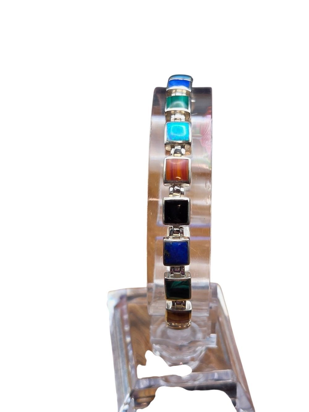 Sterling Silver Multi Stone Inlay Square Link Bracelet AD